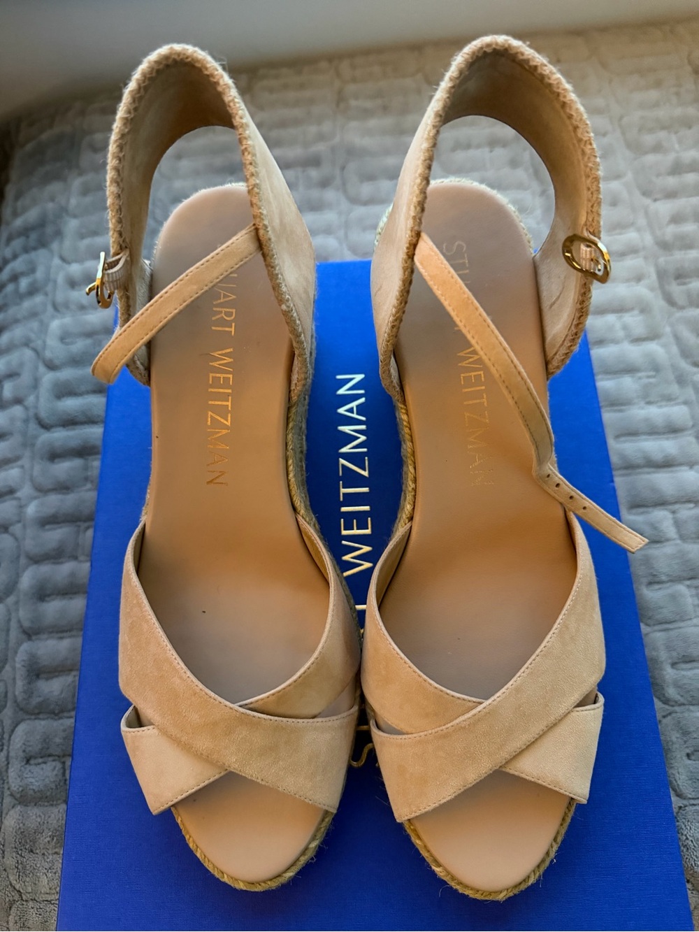 Stuart Weitzman Tan Suede Espadrille Wedge Sandals